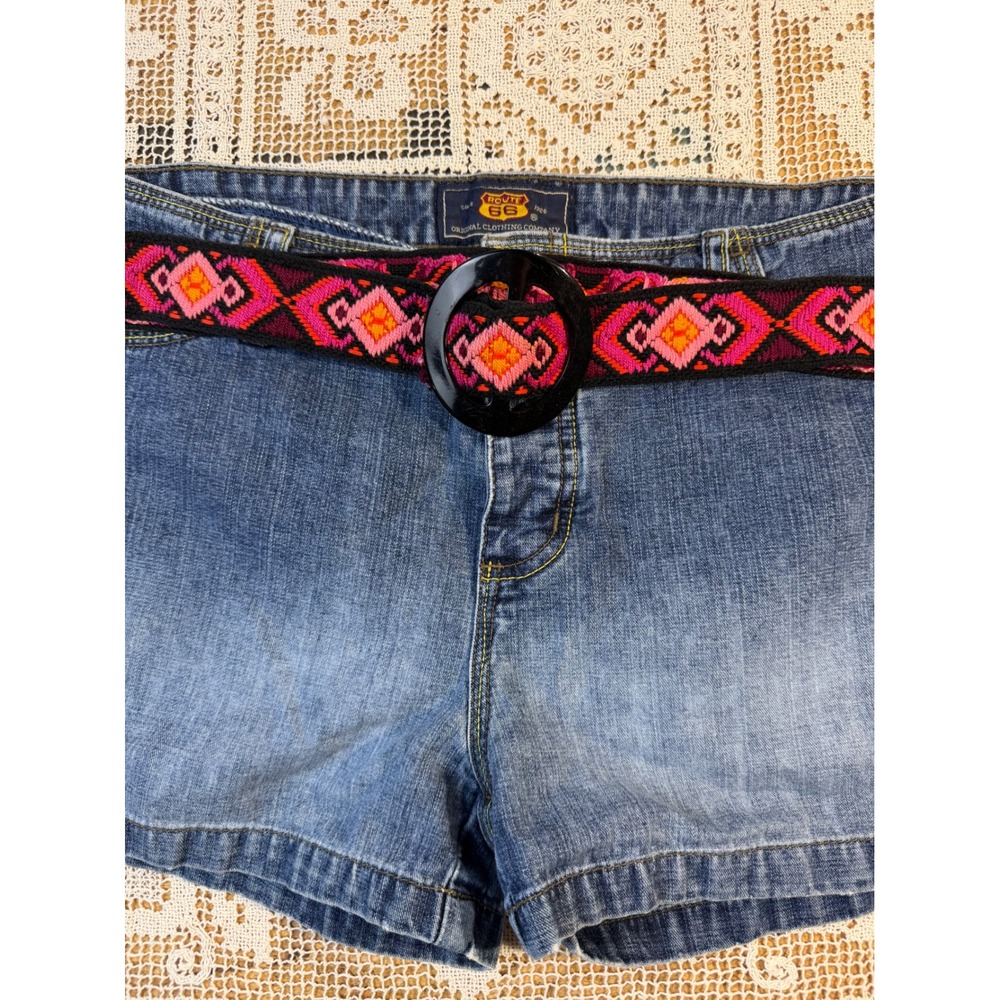 Vtg Woven Geometric Diamond Belt Pink Orange Boho Textile Black Round Buckle 33"